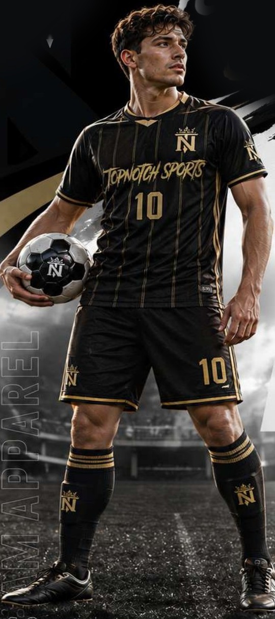 Soccer player in a black and gold Top Notch Sports custom uniform holding a soccer ball