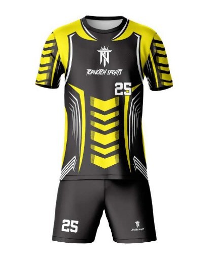 The same soccer kit design in the catalog yellow and black colorway